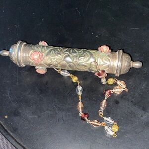 Antique Tibetan Silvered Brass Embossed Repoussé Scroll Case with Chain